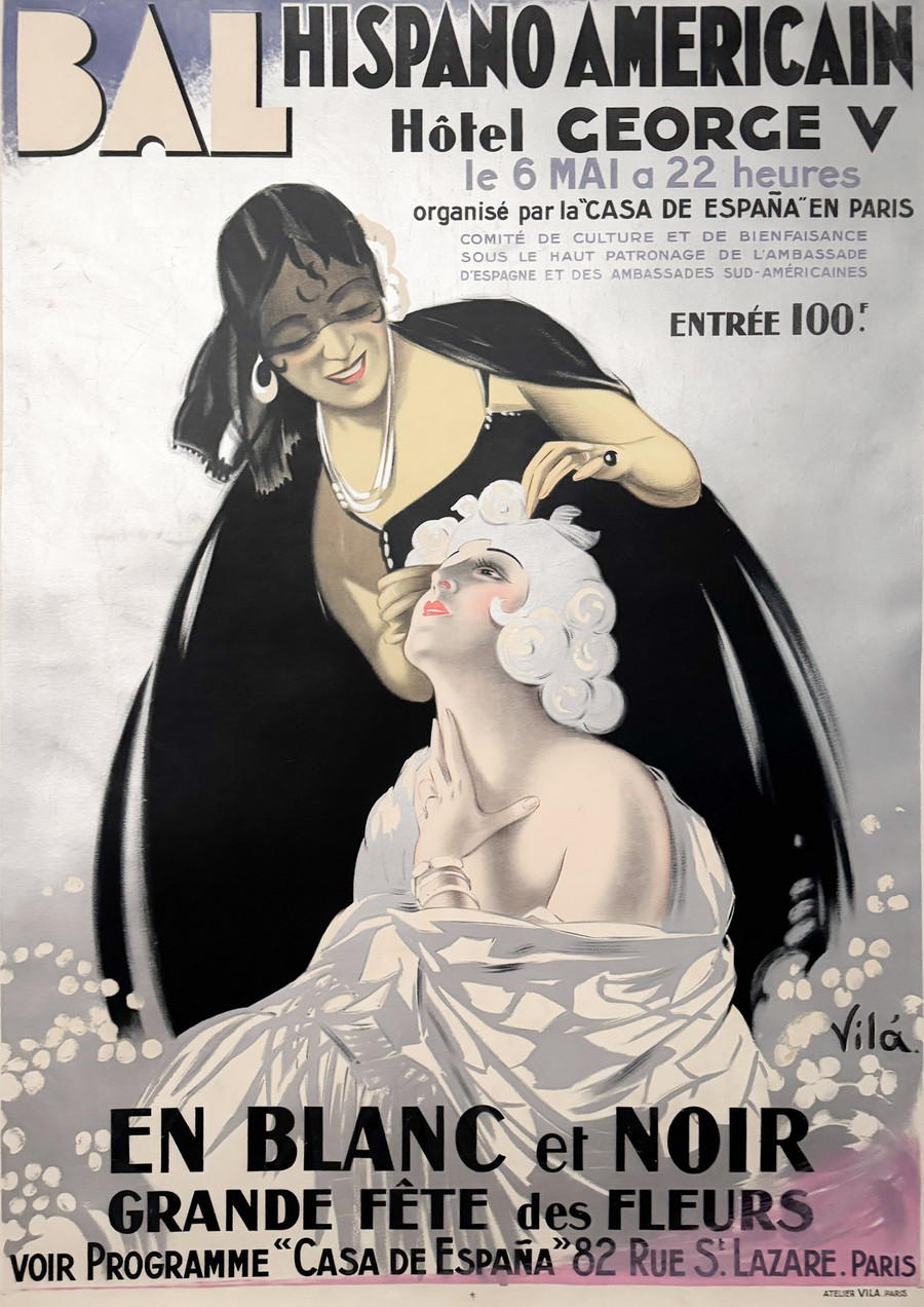 Bal Hispano Américain Original Vintage Poster printed 1925 depicts two women preparing for a ball