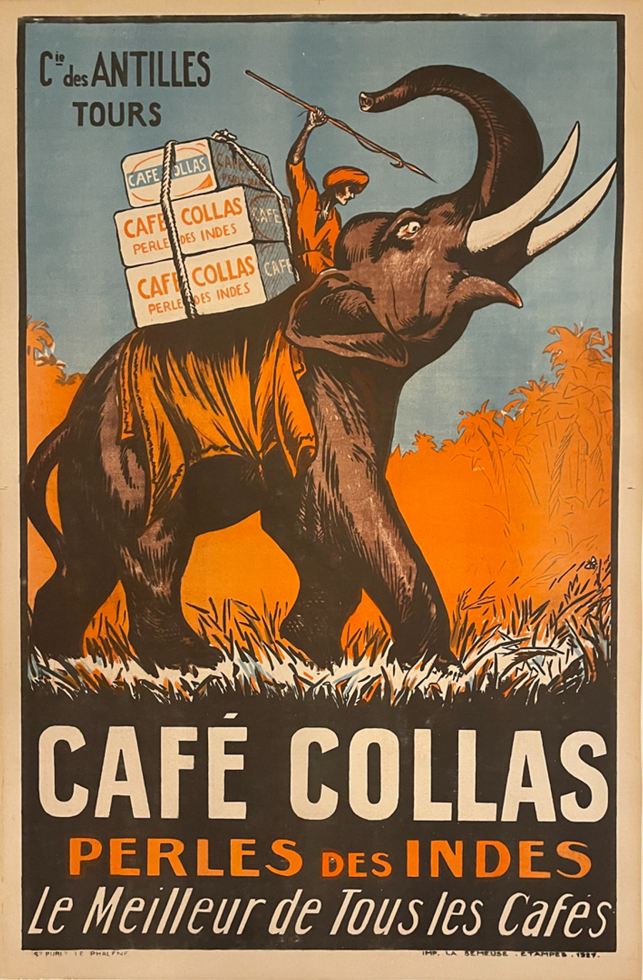 Cafe Collas printed by Imp. La Semeuse, vintage French stone lithograph poster printed in France in 1927 shows man on elephant