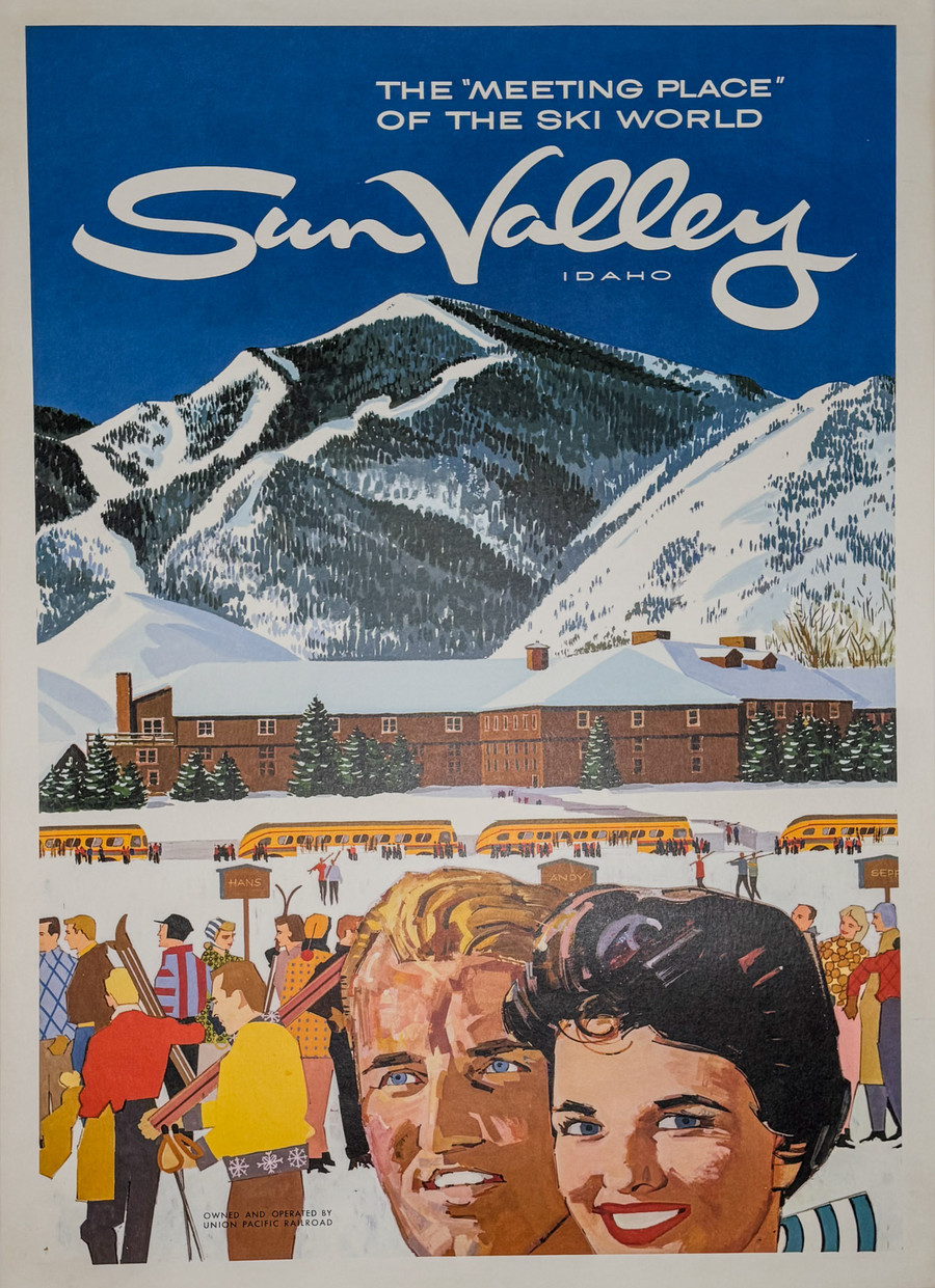 Sun Valley Idaho Union Pacific Poster Depicts visitors getting ready to ski at a resort