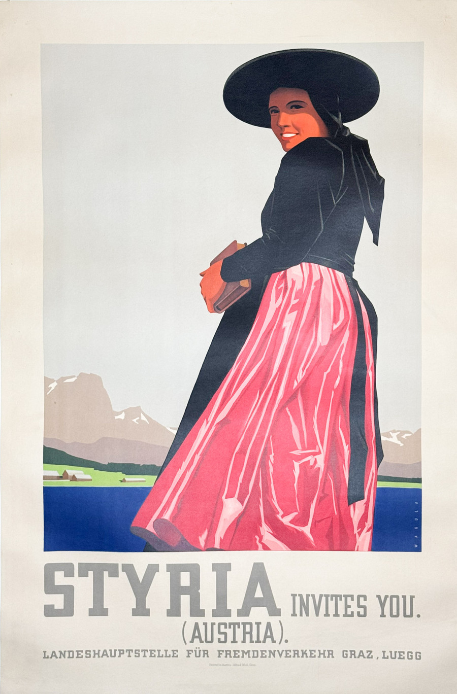 Austria Styria Invites you by Hans Waggle original vintage 1930 poster depicts woman by the sea side