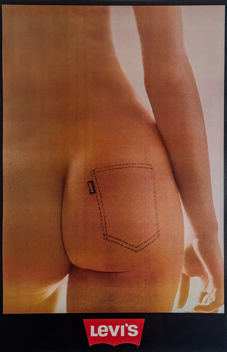 Levis Jeans vintage poster depicts a nude behind with the outline of Levis pocket