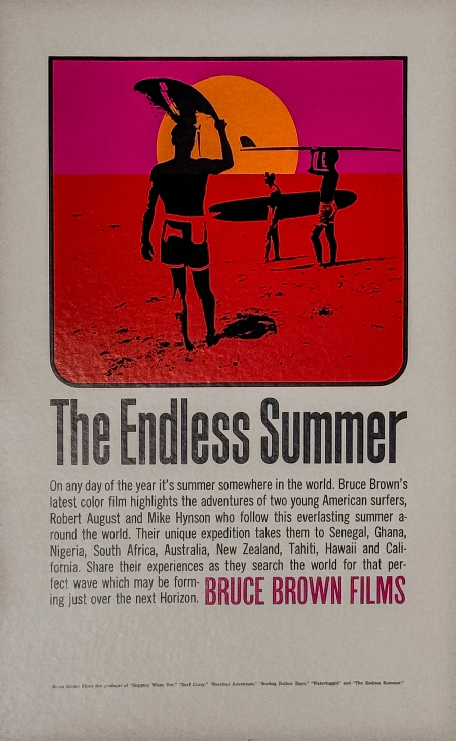 The Endless Summer 1965 original vintage poster depicting surfers with sunset in the background
