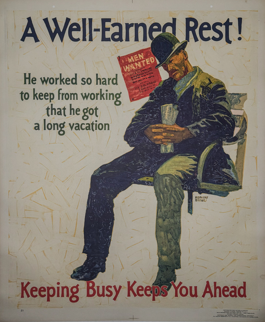 A Well Earned Rest Original Mather Work Incentive Poster depicts a man sitting falling asleep