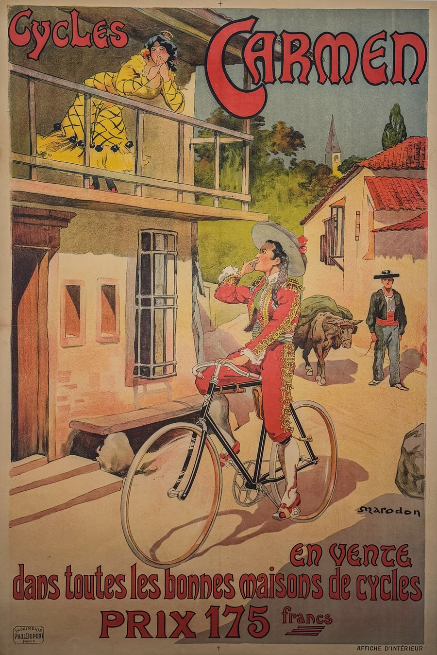 Cycles Carmen by Marodon original antique poster depicts Spaniard on bike in village