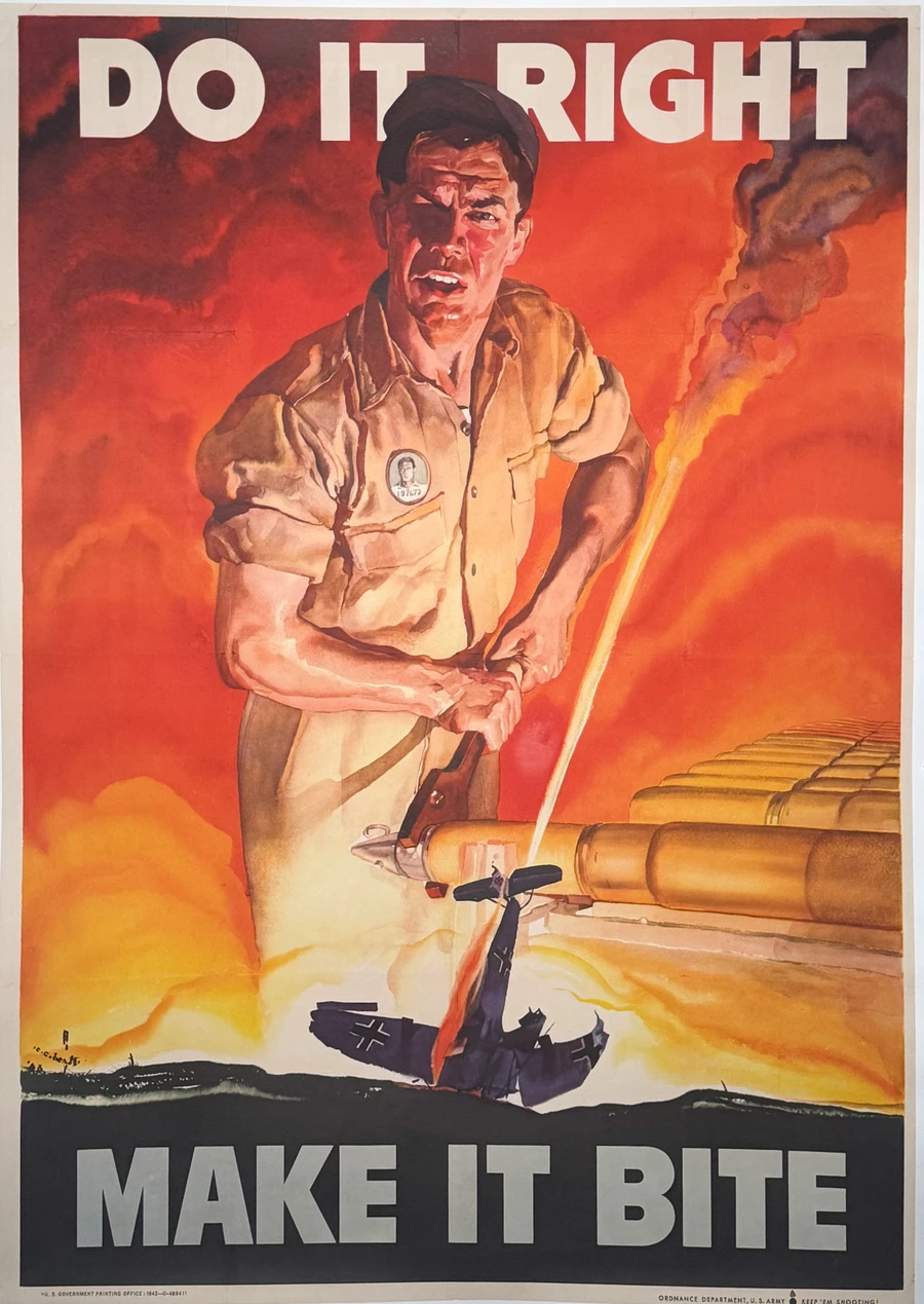 Do it Right Make It Bite Original WWII Poster depicts man in factory and the downing of a German fighter plane