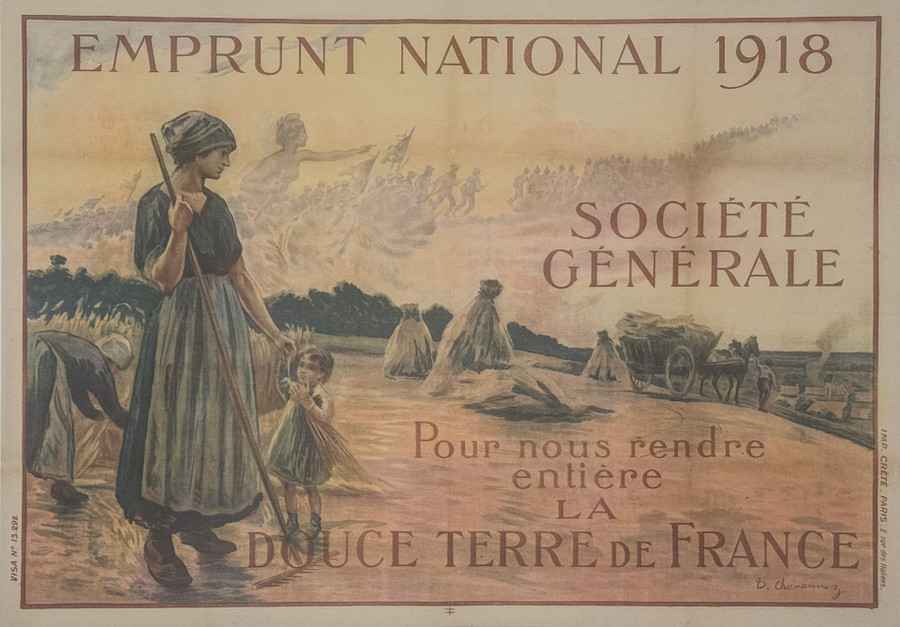 Emprunt National 1918 Original French World War I Poster depicting a woman holding a child with soldiers charging into battle in the background