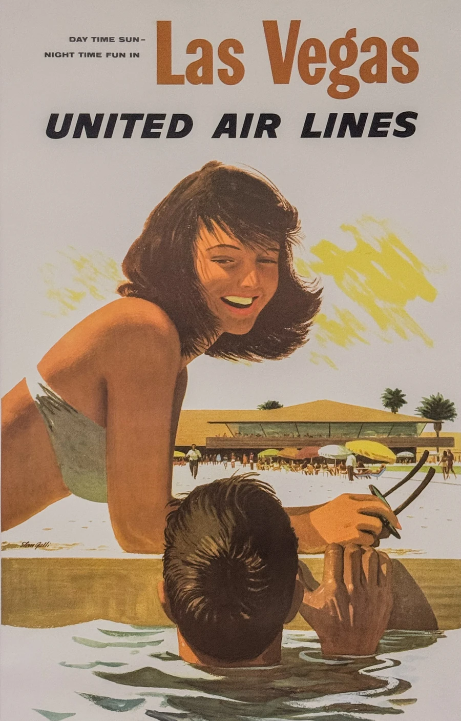 Las Vegas United Airlines 1960 Original Vintage Poster Depicts a woman wearing a bikini at the pool at a resort