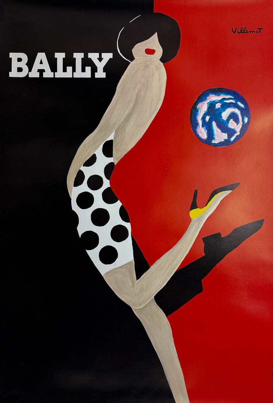 Bally by Villemot Kick the World original 1988 lithograph poster depicts woman in polka dot dress kicking ball shaped like planet