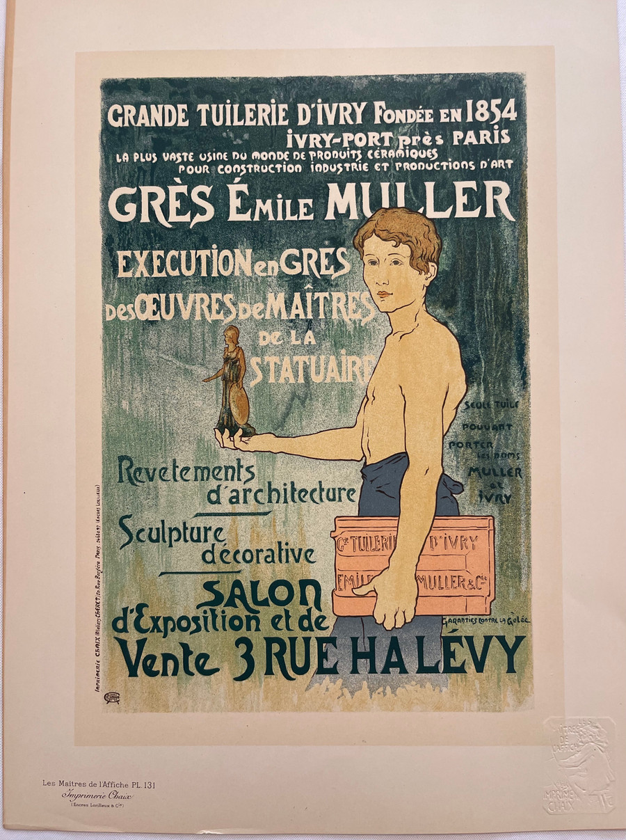 Gres Emile Muller Execution en Gres by Alexandre Charpentier, antique French poster printed in 1898 from the Maitres De L'Affiche series (plate no. 131) advertising a ceramic studio.