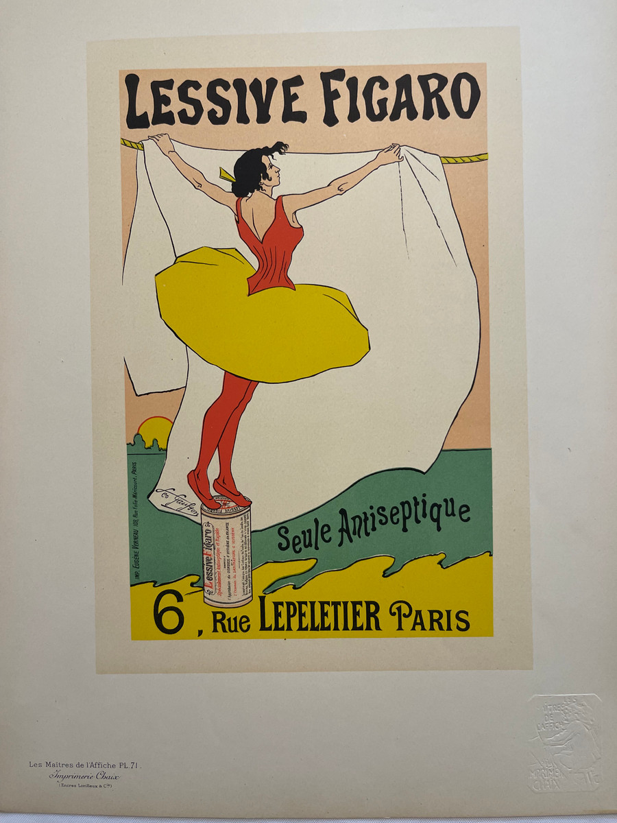 Lessive Figaro Seule Antiseptique original Les Maitres De L'Affiche plate number 71 by Leo Gausson printed in France in 1897. Advertises for a laundry soap-detergent.