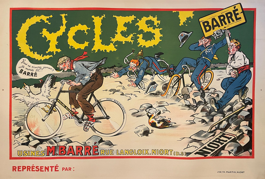 Cycles Barre original antique linen backed bicycle poster circa 1910 shows bike race with animals