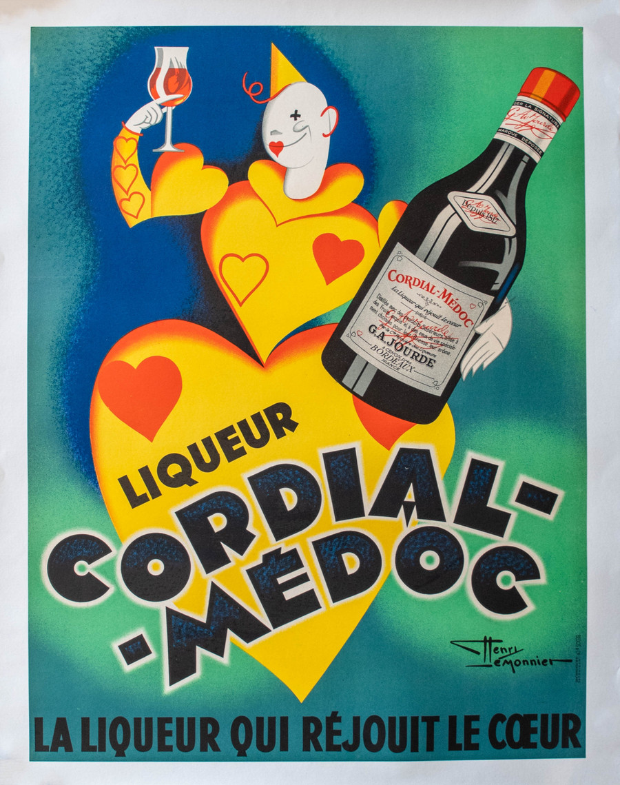 Cordial Meadoc by Henry LeMonnier, original vintage lithograph poster printed in France in 1938. Poster advertises the liquour with heart. Condition notes: A condition. Linen backed.