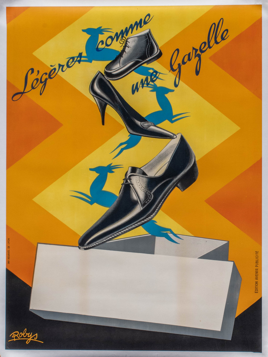 Legres Comme Une Gazelle French vintage poster by the artist Robys printed circa 1935 to advertise shoes. Extraordinarily vibrant and colorful advertisement for a shoe brand.