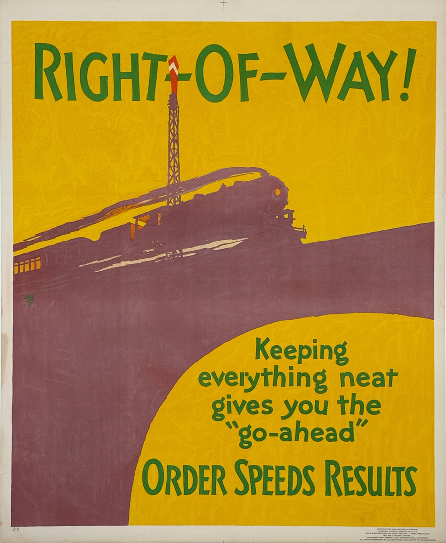 Right of Way Mather work incentive poster by Henry Lee, Jr.-original American vintage poster printed circa 1929. This poster is part of a series designed to encourage greater production from workers.