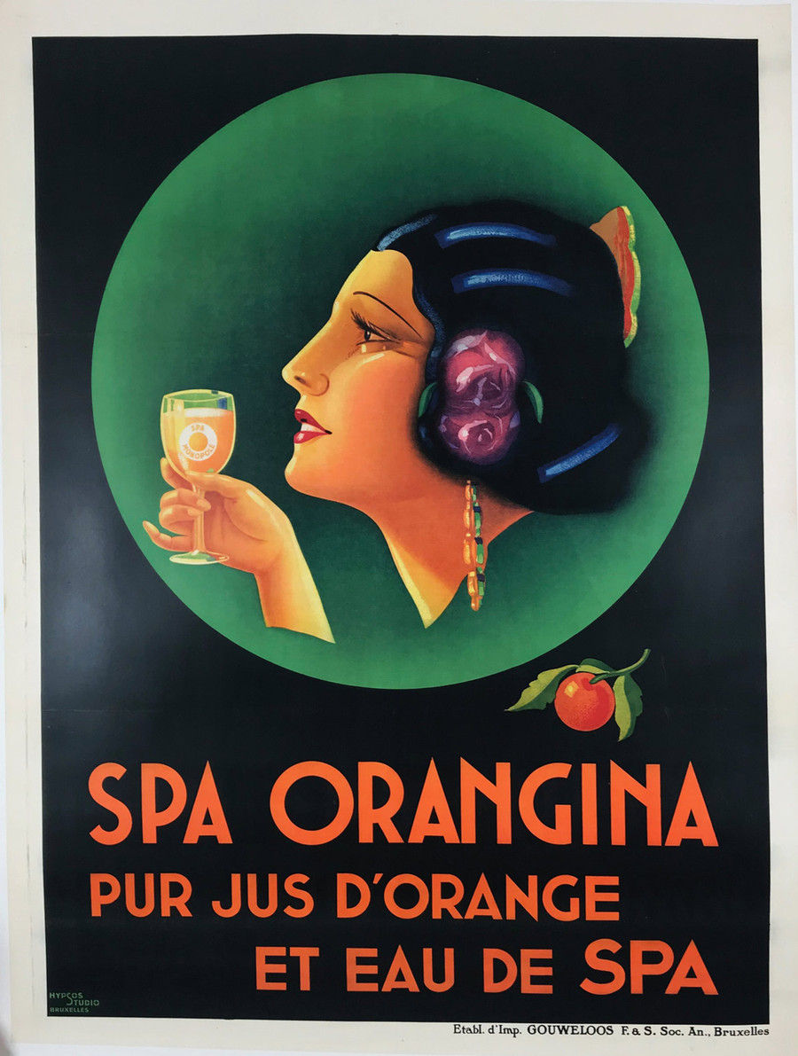 Spa Orangina by Gouweloos. Original 1930 antique Belgium orange drink advertisement stone lithograph linen backed. Art Deco image of woman with flowers in her hair holding a glass of Orange liqueur.