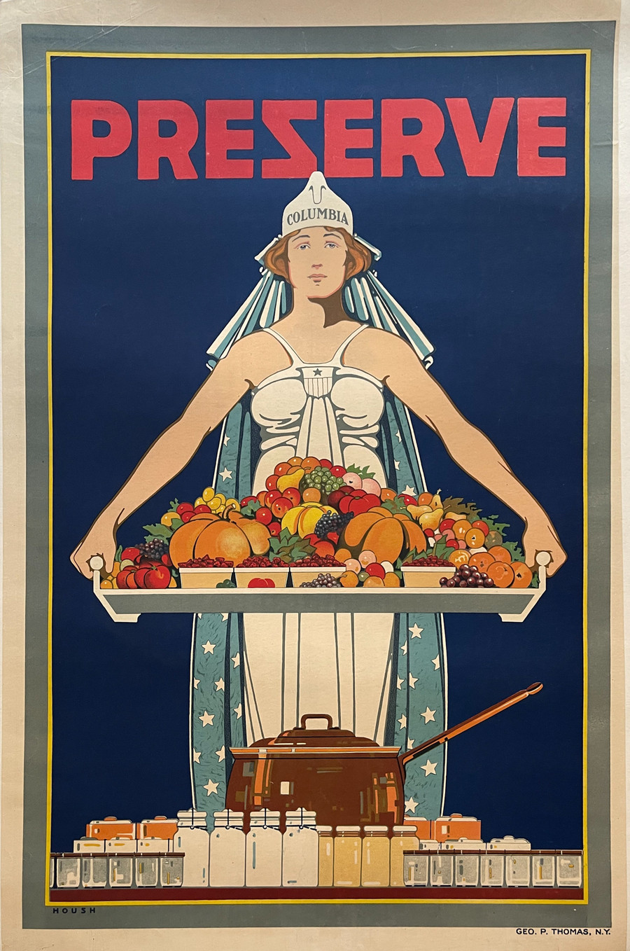 Preserve-Columbia by Carter Housh, antique American World War I poster printed circa 1918. B+ condition. Minor crease/repaired tear in upper left quadrant. Mounted on archival linen.