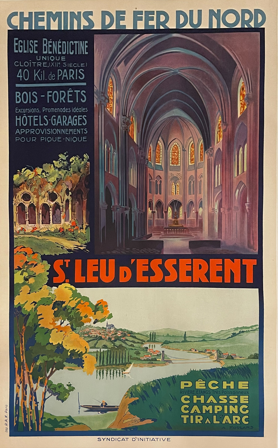 St. Leu D'Esserent by A Fossard-original 1920 vintage French travel advertisement stone lithograph poster-linen backed.