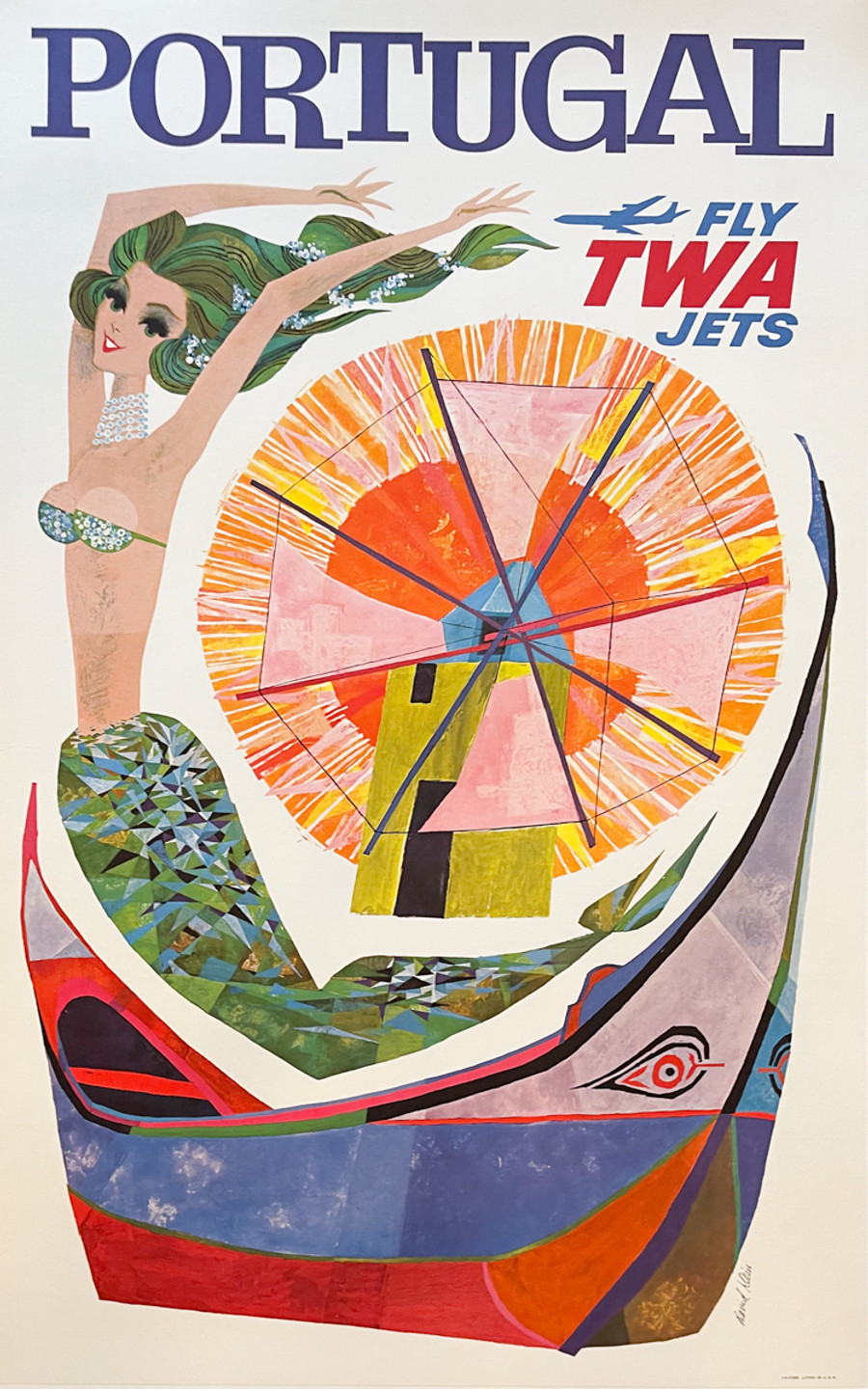 Portugal Fly TWA Jet original 1960 vintage American travel poster by David Klein linen backed