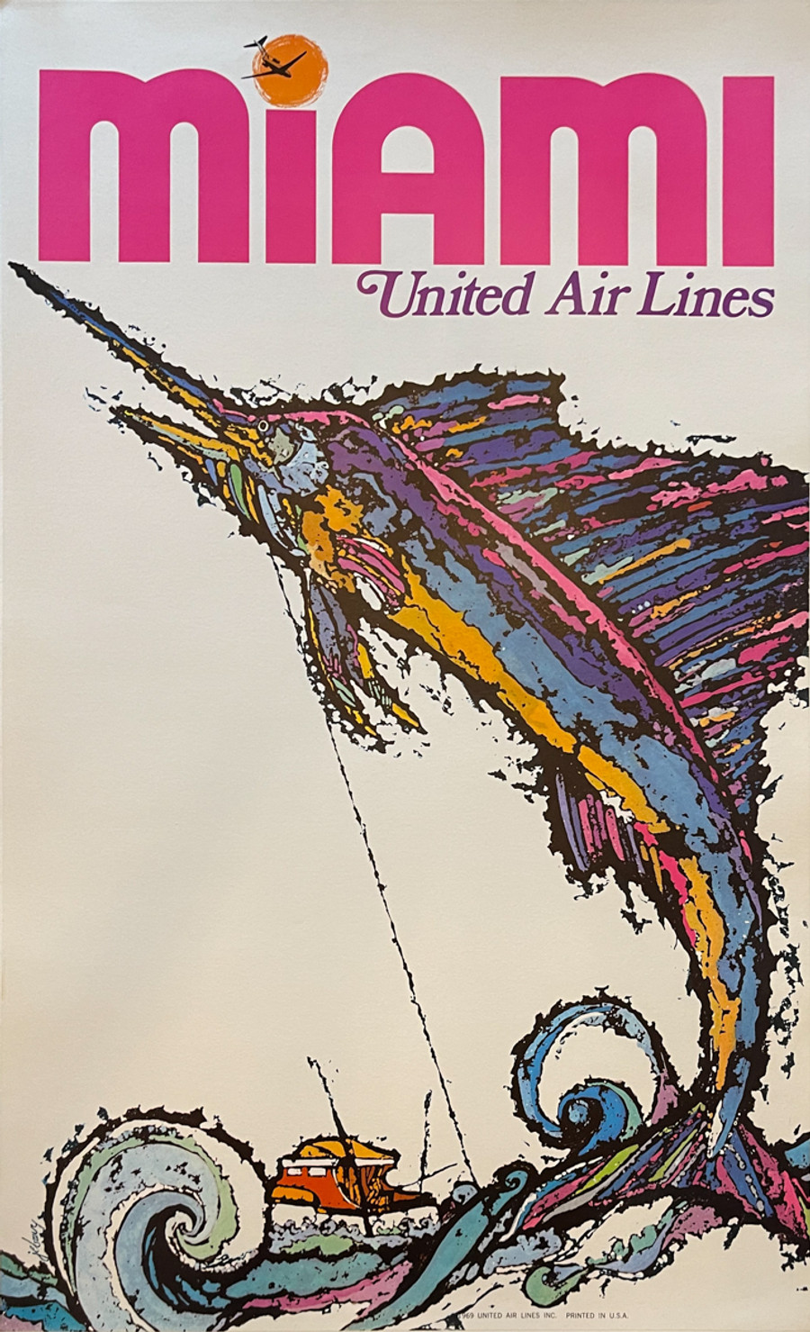 Miami Florida United Airlines Advertising Offset Lithograph original American travel poster by James Jebavy from 1967 linen backed.