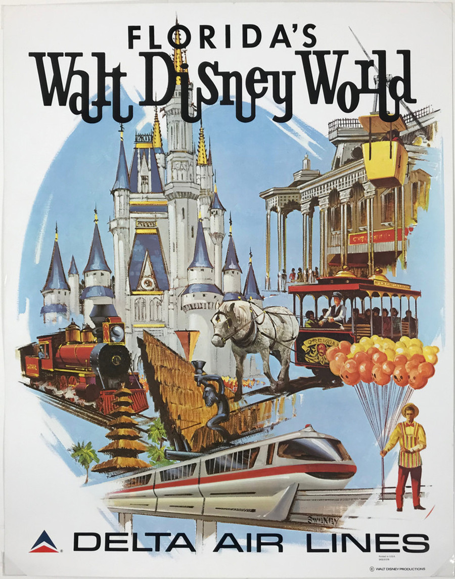 Delta Airlines Florida's Walt Disney World  by Fred Sweeney original 1971 vintage American passenger airline travel advertisement lithograph poster.