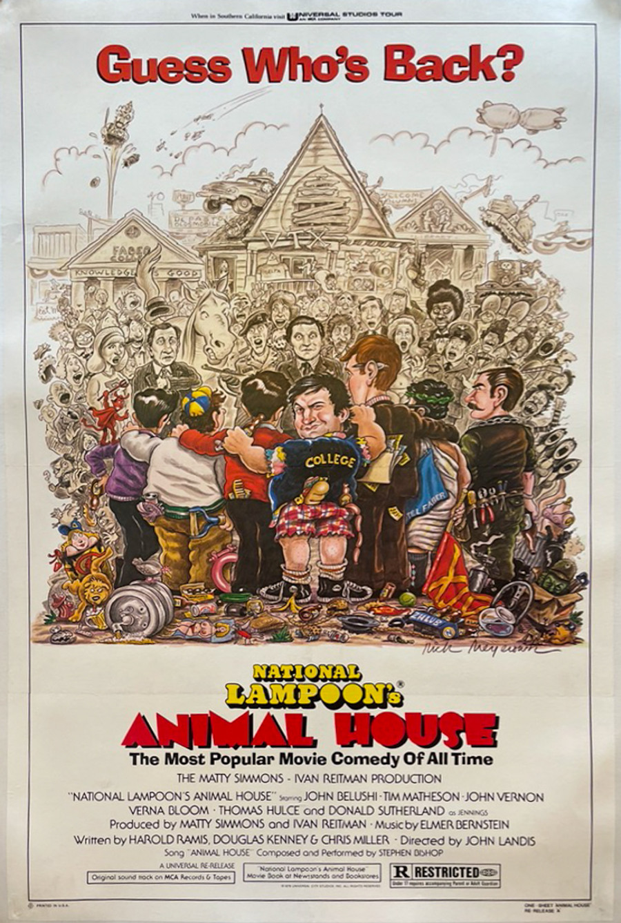 Animal House one Sheet Re-release style A movie poster by Rick Meyerowitz printed circa 1979. B+ condition. Prior folds, pinholes in corners repaired. Recently mounted on archival linen.