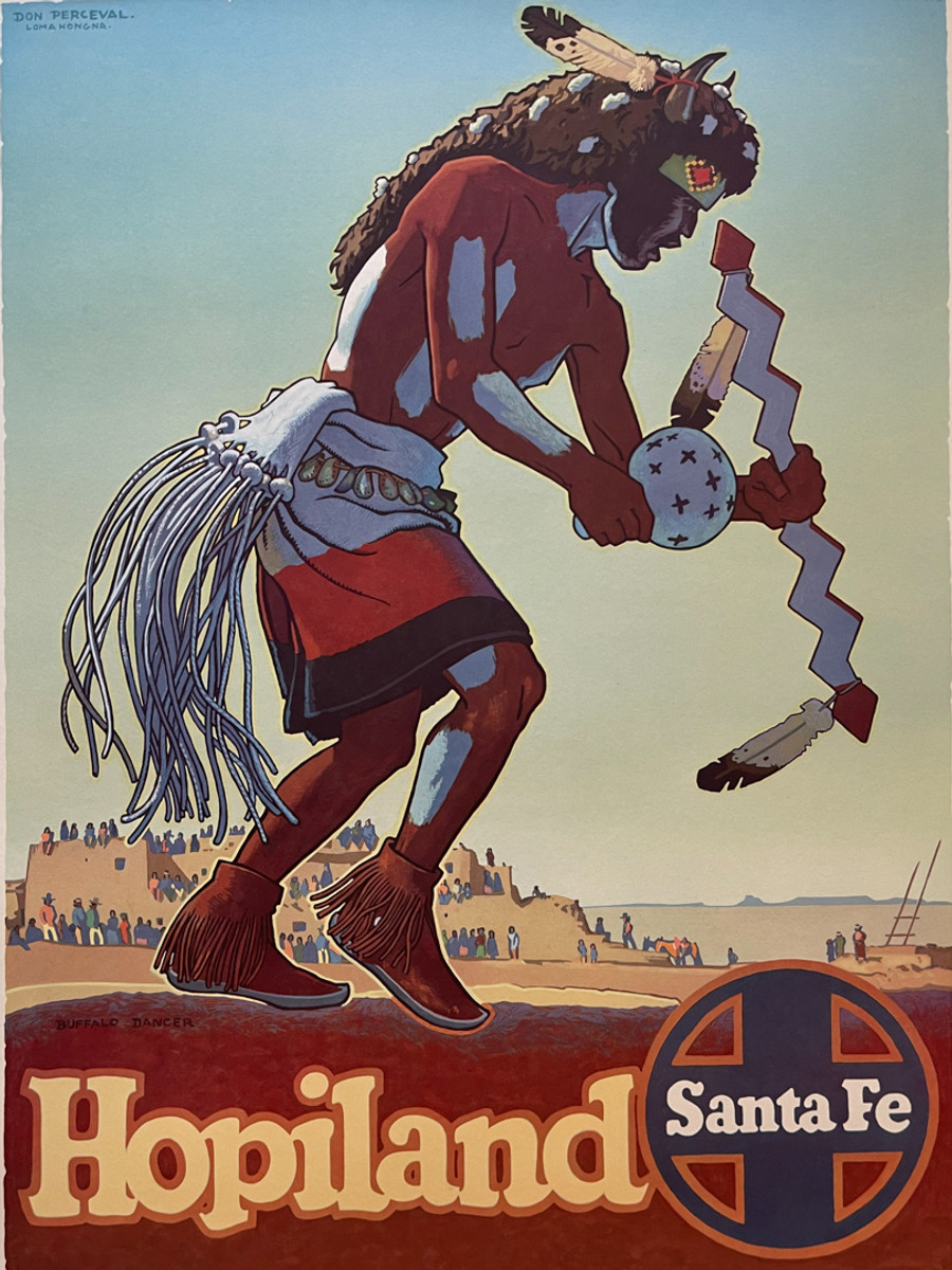 Santa Fe Railway Hopiland by Don Perceval-original 1949 vintage USA passenger train line advertisement lithograph poster linen backed.