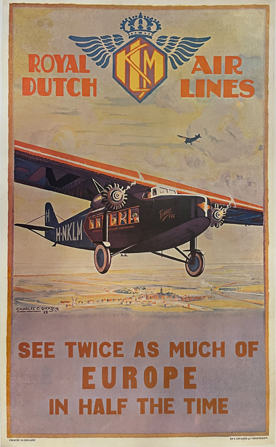 KLM-Royal Dutch Airlines-See Twice as Much of Europe in Half the Time by Charles Dickson, original vintage advertising poster printed in Holland circa 1962 of an earlier 1928 print. A condition. Mounted on archival linen.