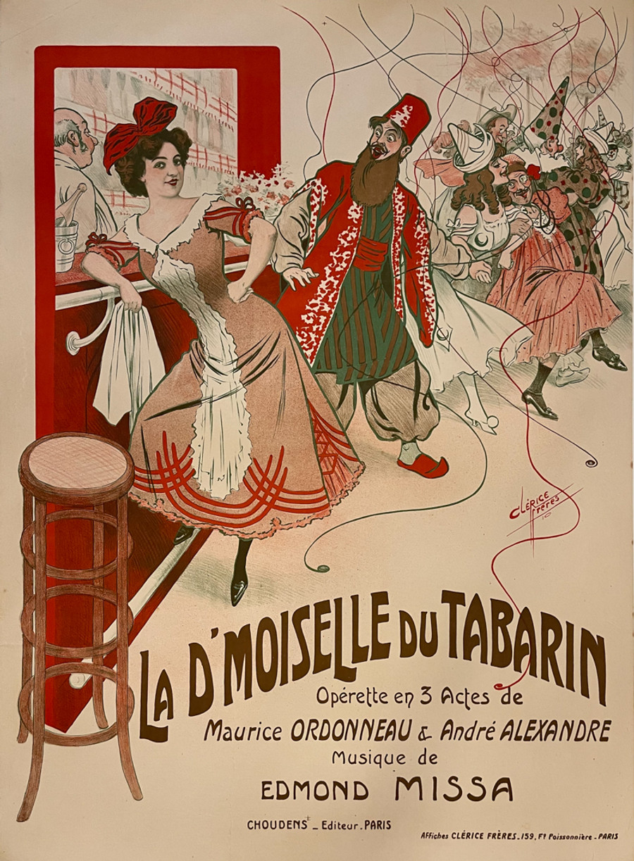 La D'Moiselle Du Tabarin Operette Original Vintage poster by Clerice Freres, antique French stone lithograph poster printed circa 1910 advertising an operette.