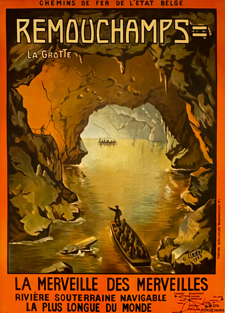 Remoucahmps-La Grotte, original vintage Belgian travel poster printed circa 1923. poster depicts a boat ride visit to the Grottes de Remouchamps. A condition. Mounted on archival linen.