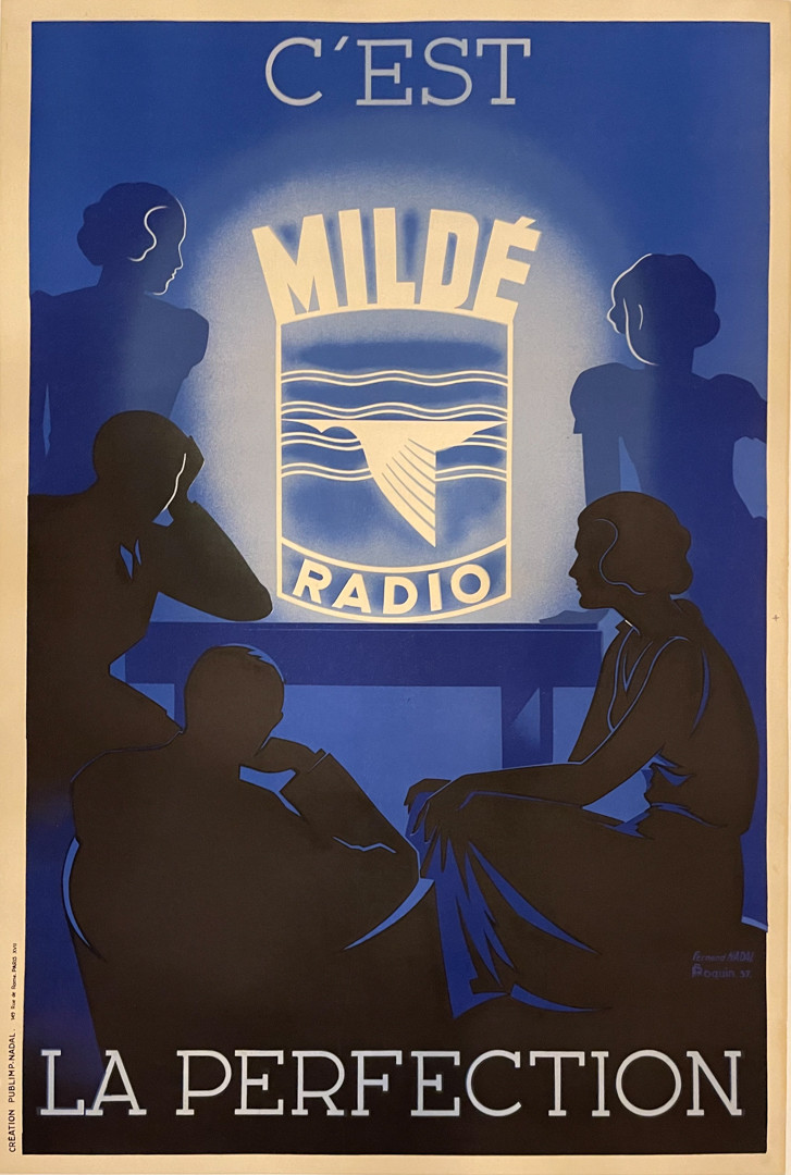 Milde' Radio by Fernand Roquin, original French lithograph poster printed circa 1930 advertising for a French radio company. A condition. Mounted on archival linen. Vibrant blues!