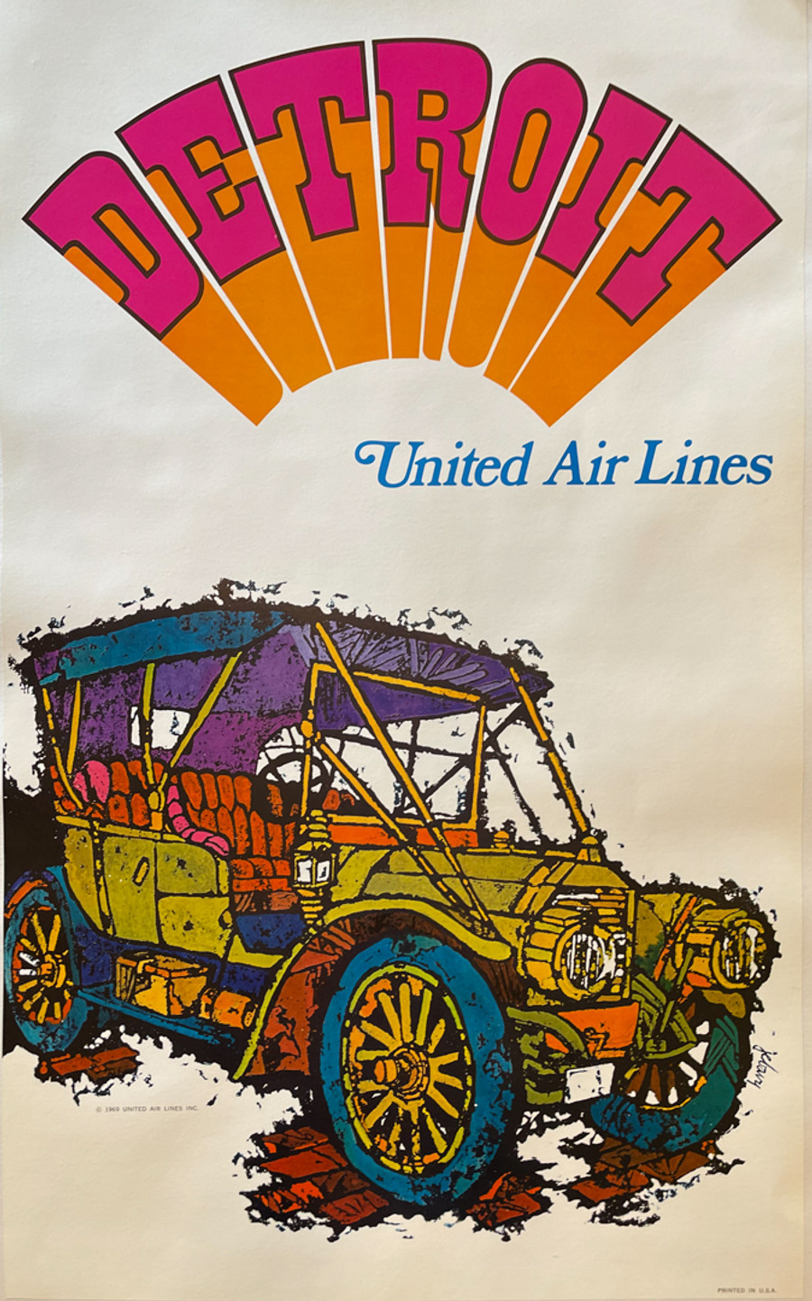 Detroit-United Airlines by Jebavy, original vintage US airline poster printed circa 1969. A condition. Mounted on archival linen.