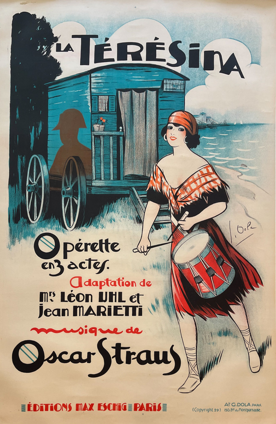 La Teresina by Georges Dola, original French lithograph poster printed circa 1929. Advertises for an operette.  A- condition. Mounted on archival linen.