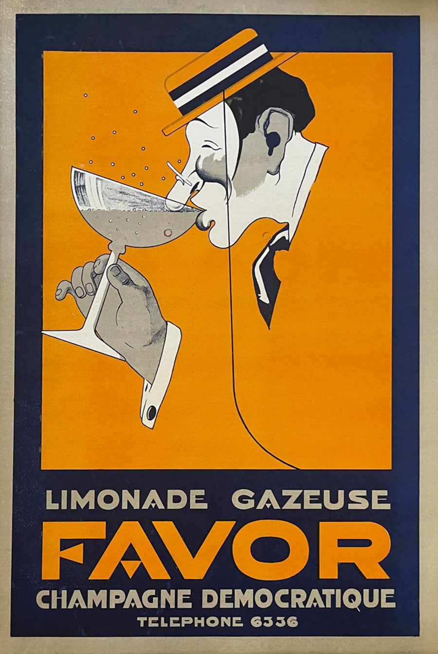 Favor Limonade Champagne original 1930 vintage advertisement poster linen backed.