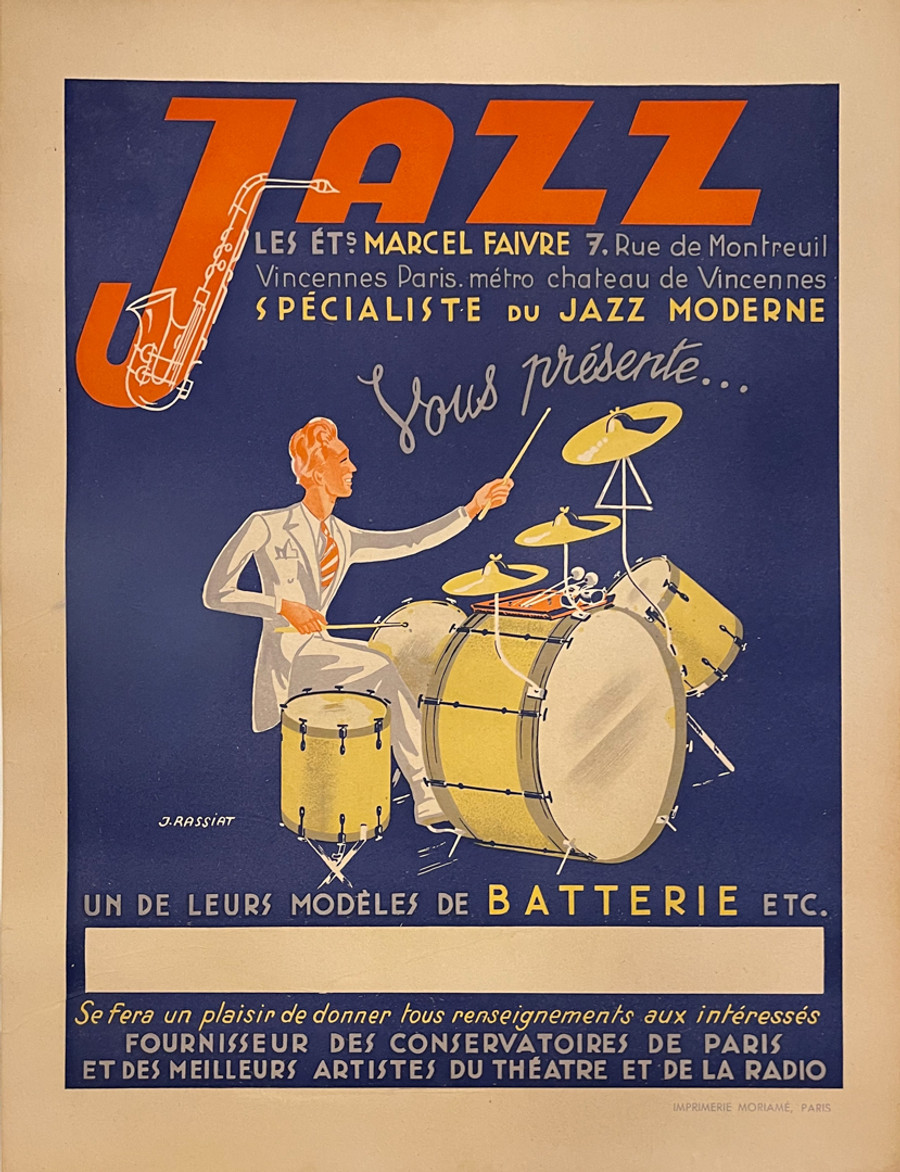 Jazz by James Rassiat, original vintage French poster printed circa 1940.  Poster advertises a French music store specializing in jazz drum kits. A- condition. Mounted on archival linen.