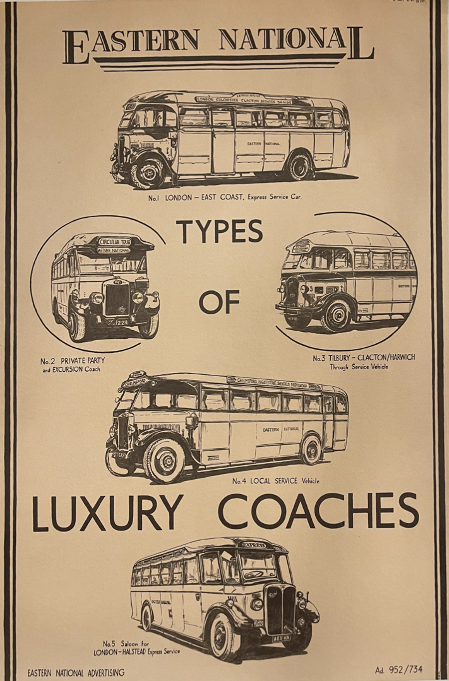 Eastern National Transportation coach original British travel campaign poster printed circa 1954. A condition. Mounted on archival linen and ready for framing.