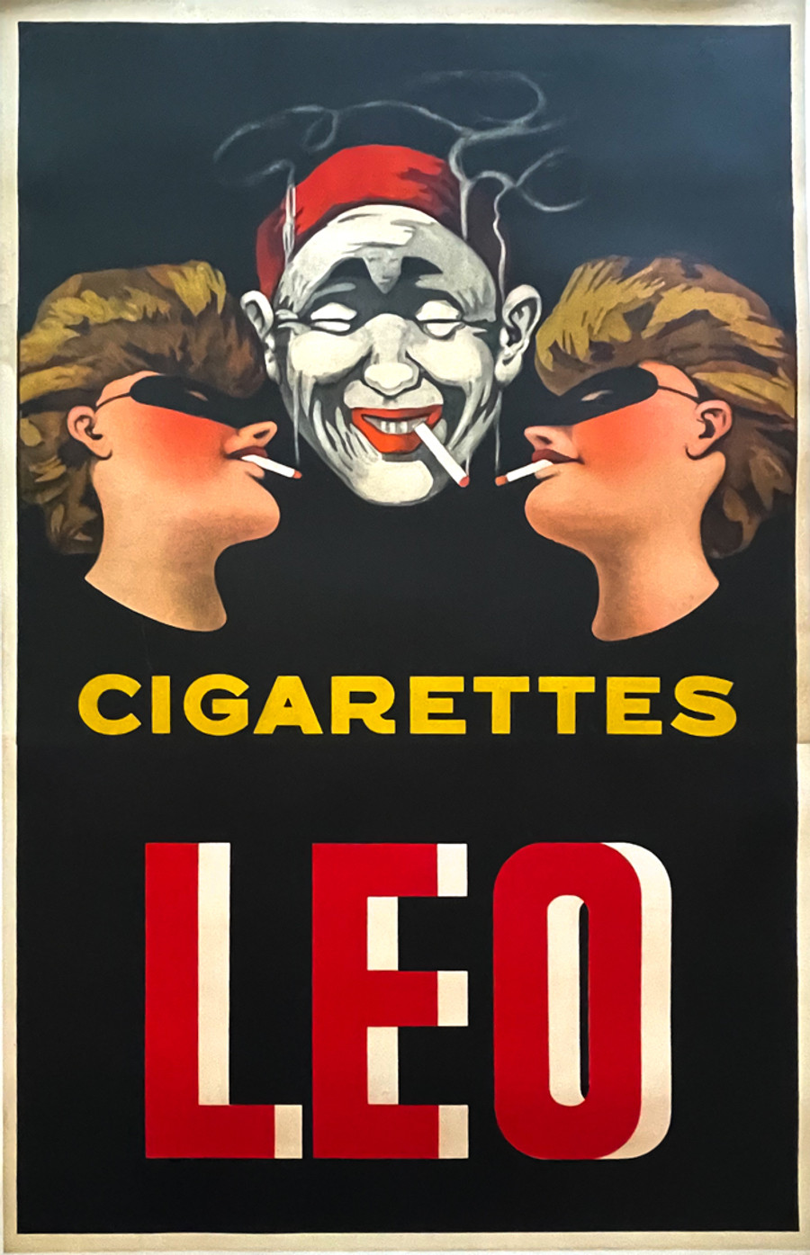 Cigarettes Leo by De Rocker, original antique Belgian poster. Features clown and masked figures smoking.