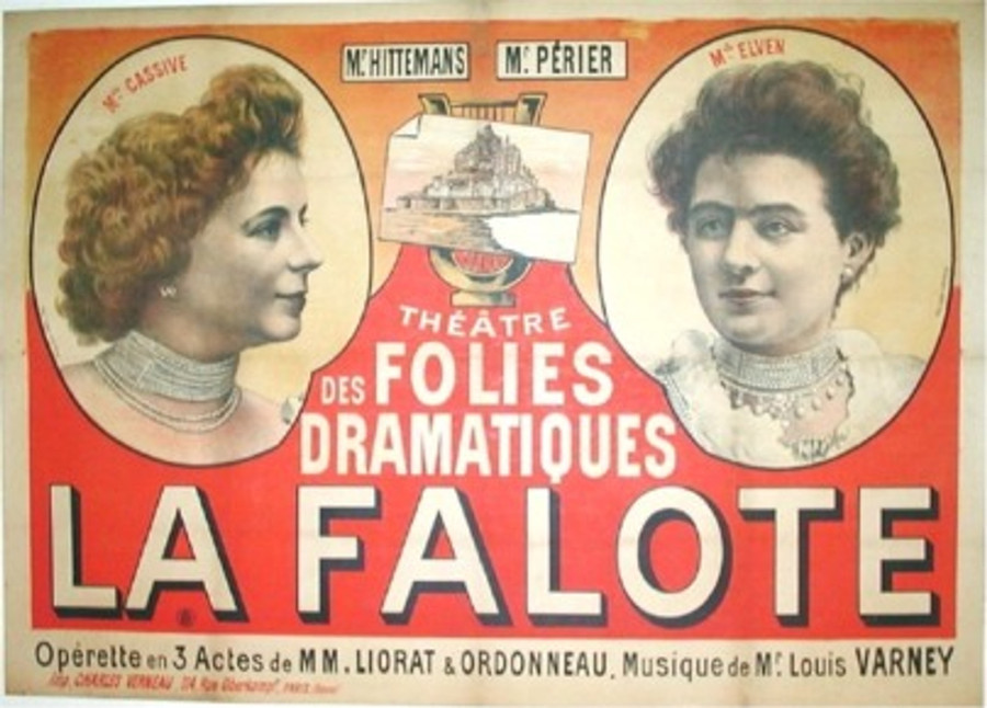 La Falote by Charles Verneau, original antique French stone lithograph theater advertisement. Mounted on archival linen. A- condition.