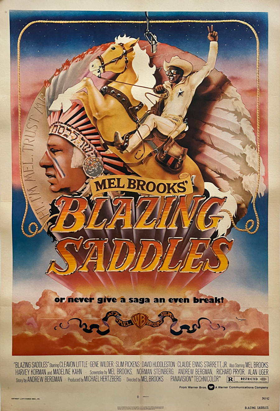 Blazing Saddles 1974 Original US One Sheet Movie Poster. Depicts Mel Brooks as Indian Chief riding a horse and kosher for pesach. Vintage movie poster.