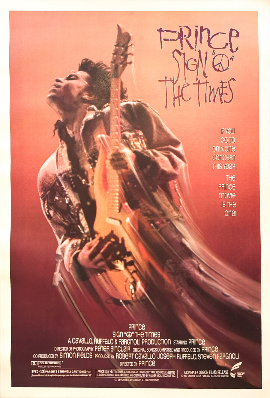 Prince Sign O The Times Original American 1987 Theatrical Folded 1 Sheet Movie Poster Linen Backed depicts Prince playing guitar