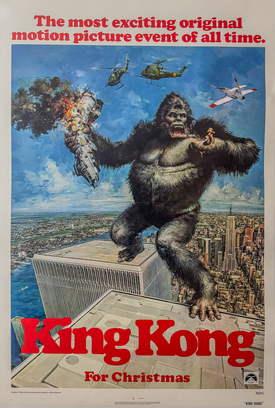 King Kong original vintage movie poster by John Berkey from 1976 American one sheet linen backed.
