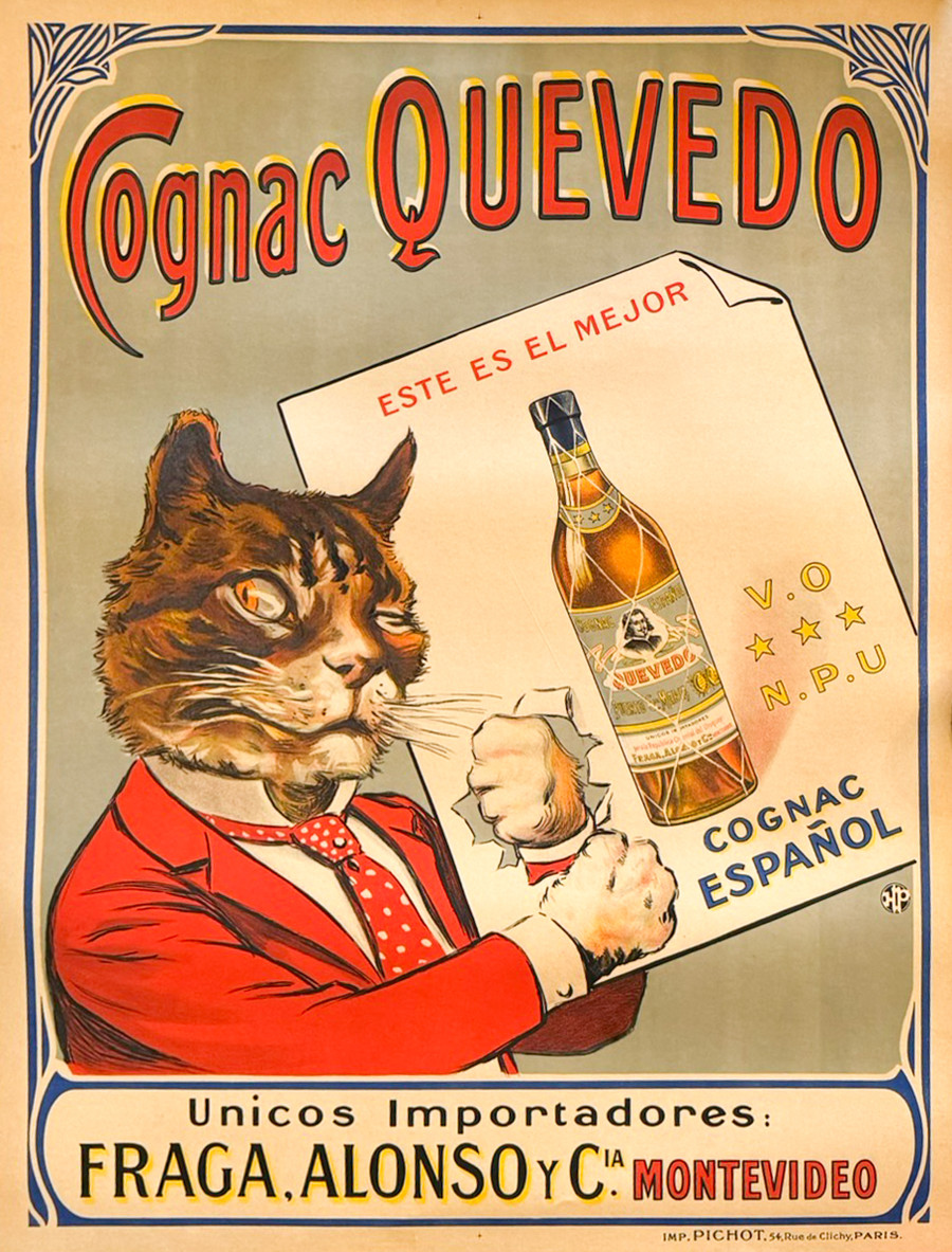 Cognac Quevedo, original Spanish poster printed by Pichot in Paris, France  shows a cat holding bottle.