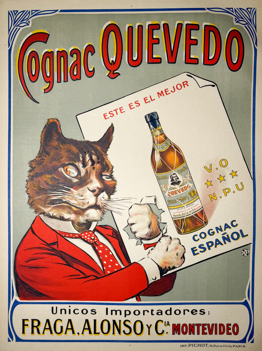 Cognac Quevedo, original Spanish poster printed by Pichot in Paris, France  shows a cat holding bottle.