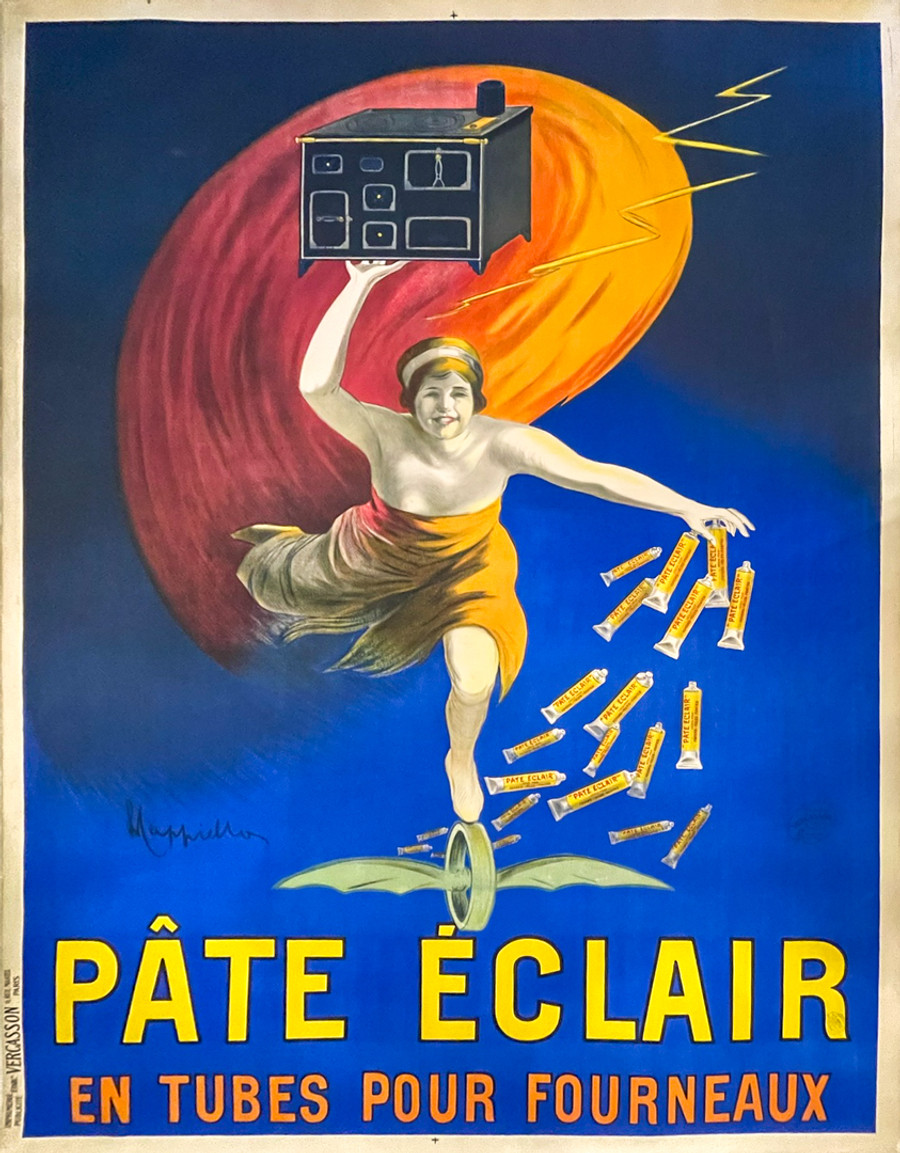 Pate Eclair by Leonetto Cappiello original 1912 antique French poster linen backed shows woman holding oven and oven polish