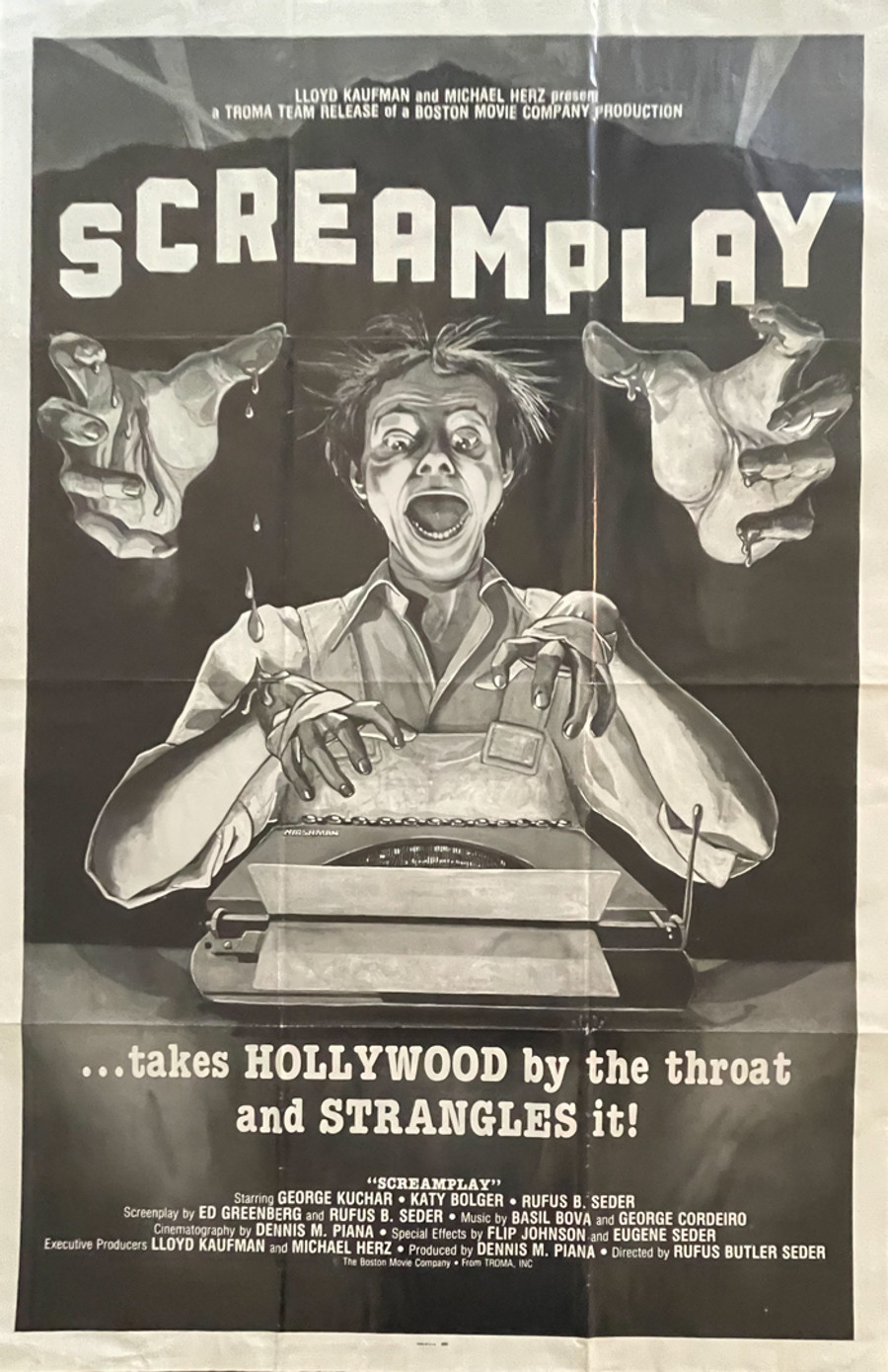 Screamplay movie poster shows man typing on typewriter