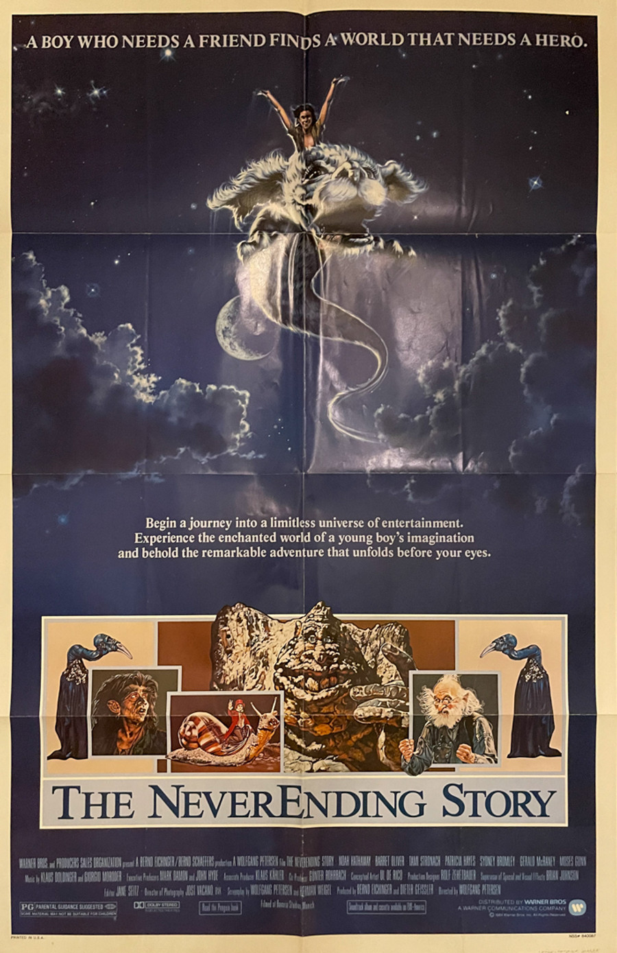 The Never Ending Story Original Movie Poster Shows Child Riding White Luck Dragon Falkor