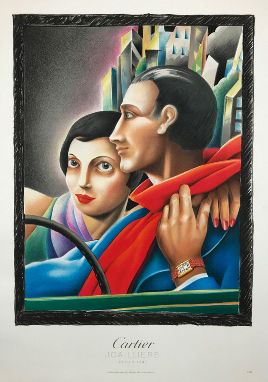 Cartier Joailliers original French advertisement poster linen backed shows man and woman in convertible wearing Cartier watch