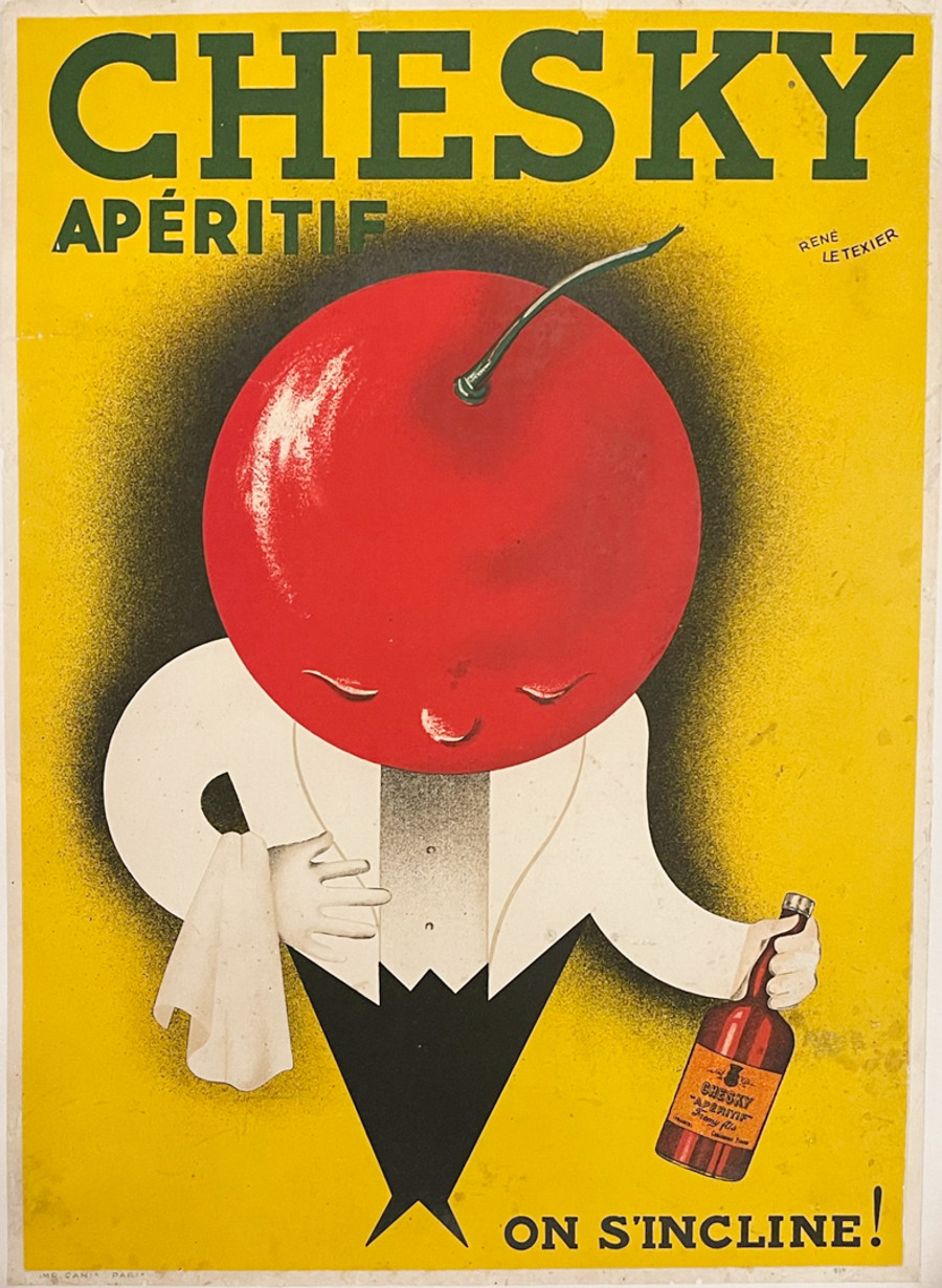 Cheeky Aperitif French poster printed 1926 by Rene Le Texier waiter with tomato head holding bottle