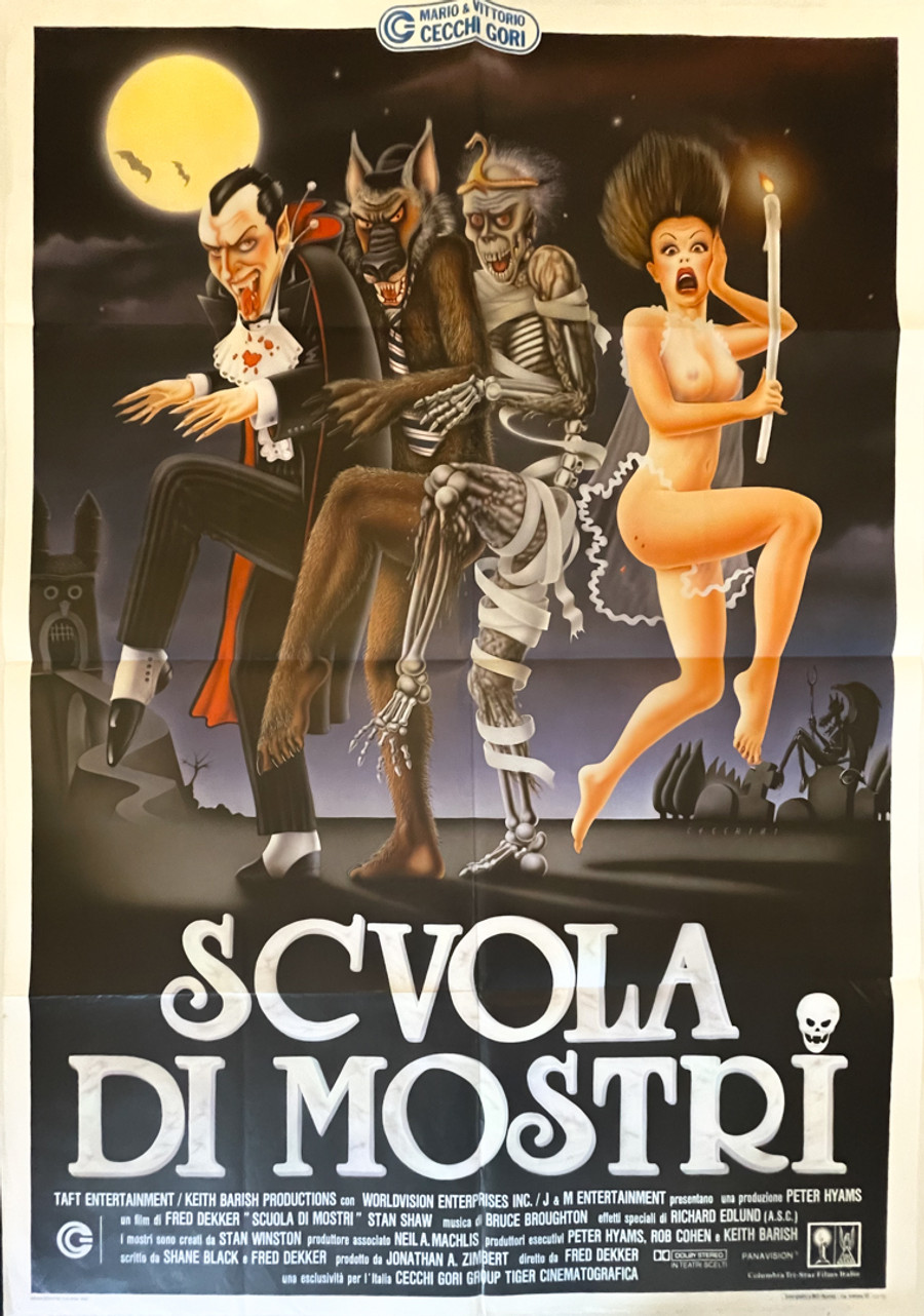 The Monster Squad Italian two sheet movie poster shows Dracula, wearwolf, mummy, and nude bride of Frankenstein