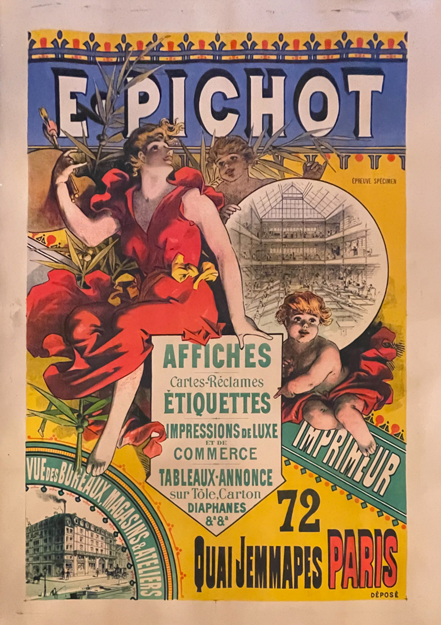 E. Pichot Printer Advertisement shows woman in red dress and print shop