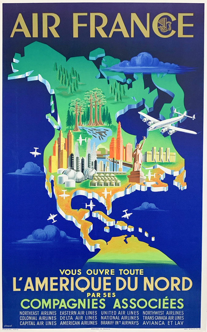 Air France l'Amérique du Nord by Plaquet Original 1951 Vintage French Passenger Air Travel Lithograph Poster linen backed shows plane flying over North America